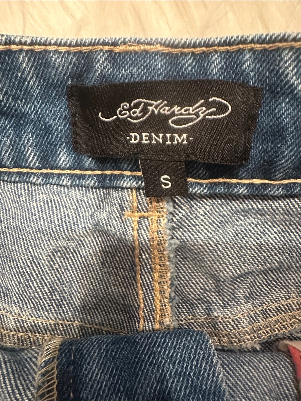 Ed Hardy Blue Denim Jean Shorts with Floral Patch - Picture 6 of 7